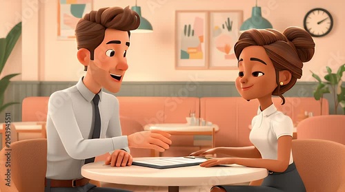 Two smiling cartoon people shaking hands over a document at a cafe table