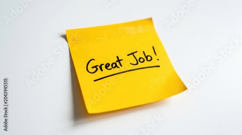 Yellow sticky note with Great Job text on white background with shadow