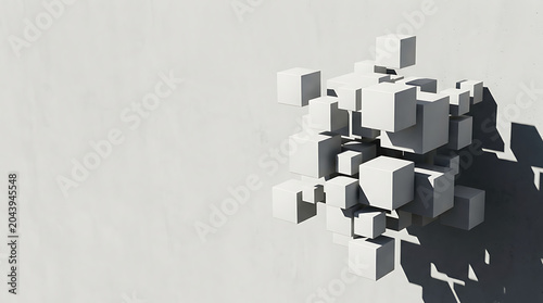 White geometric cube cluster on a textured minimalist wall