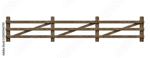 Bild auf Leinwand Caption:
Vintage wooden ranch fence isolated on white background, rustic countryside barrier with weathered timber texture and traditional farm style design