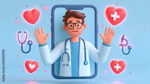 Friendly male doctor waving with gesture inside smartphone frame amidst health icons
