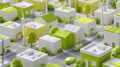 Eco-Friendly Sustainable Neighborhood with Solar Power Wind Turbines and Green Spaces Model