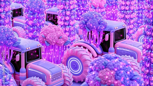Vibrant Fantasy Farm Scene with Colorful Tractors and Blooming Flowers in Neon Light