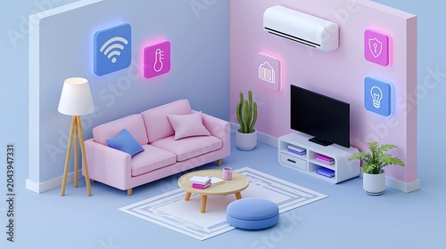 Modern living room with pastel furniture and smart home technology accents
