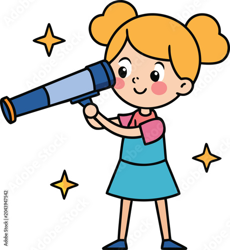 Cute cartoon girl looking through a telescope