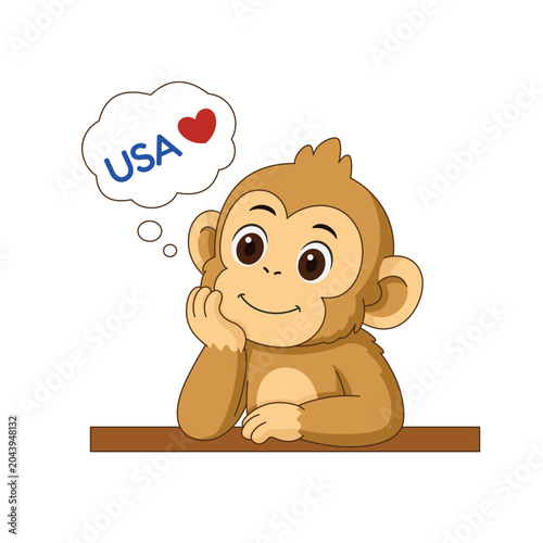 Cute Monkey Thinking About USA Love Patriotic Independence Day Vector Illustration
