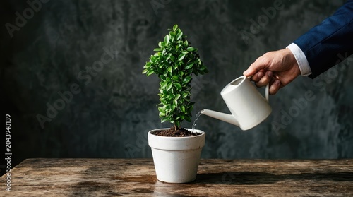 Professional hand in a navy blue suit sleeve uses a white watering can to nurture a green arrow shaped plant