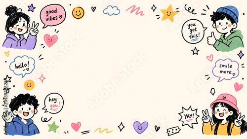 Illustration Cute Doodle Friends with Good Vibes and You Got This Typography for Playful Social Media Banner, Greeting Card Layout, and Creative Cream Background
