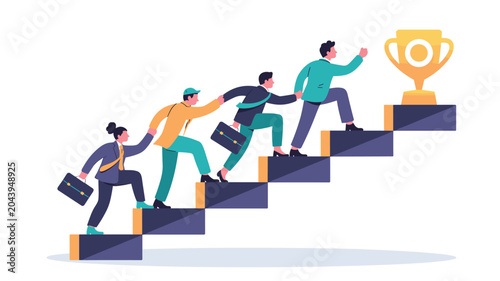 Business professionals in suits assisting colleagues up a staircase towards a golden trophy, highlighting teamwork in a professional vector graphic.