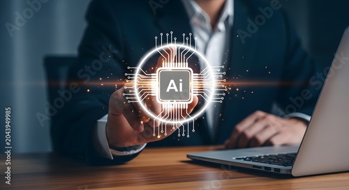 Ai powered technology concept man interacting with artificial intelligence interface