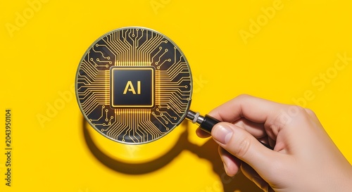 Ai powered technology concept with magnifying glass on circuit board