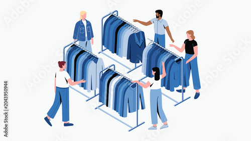 People browsing through organized clothing racks filled with blue and monochrome shirts and jackets in an isometric retail store setting.