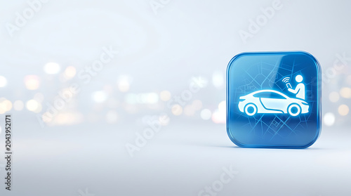 Blue car sharing app icon with blurred urban city background