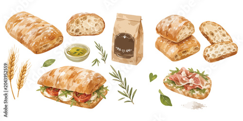 Bild auf Leinwand Watercolor ciabatta bread and sandwiches clipart set