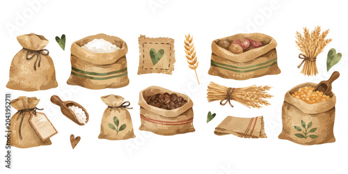 Fotografía Watercolor burlap sacks with flour grains and harvest clipart set