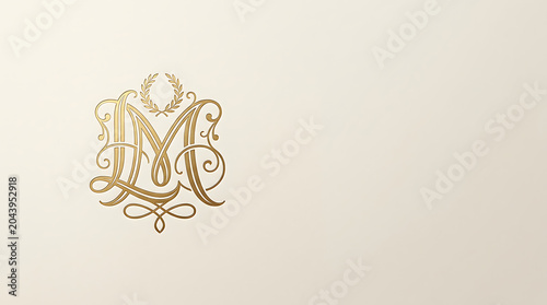 Elegant golden monogram letter m with ornate flourishes and wreath