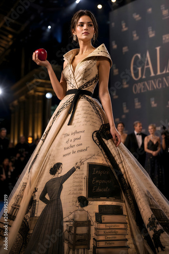 fashion model wearing avant-garde haute-couture dress honoring and celebrating the teaching profession