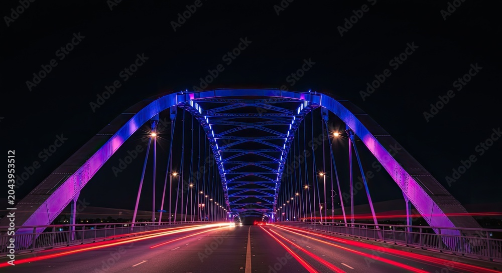 Fototapeta premium Illuminated arched bridge at night with vehicle light trails against dark sky