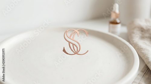 Elegant rose gold monogram on minimalist white ceramic tray