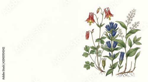 Vintage botanical illustration of red columbine and blue gentian