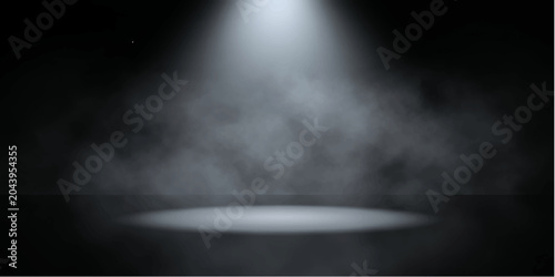 Konstfotografi Stage Spotlight with Smoke: A dramatic spotlight illuminates a stage with wisps of smoke creating an atmospheric and mysterious ambiance, hinting at a performance or event