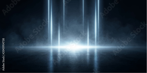 Foto Futuristic Light Show: Vertical blue neon light beams emanate from a bright, reflective surface on a dark, textured floor, creating a dramatic and modern atmosphere with atmospheric smoke