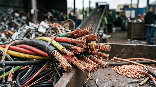 Close-up of stripped copper electrical wires and cables at a recycling facility
