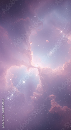 A dreamy, ethereal sky filled with soft purple and pink clouds and twinkling stars.