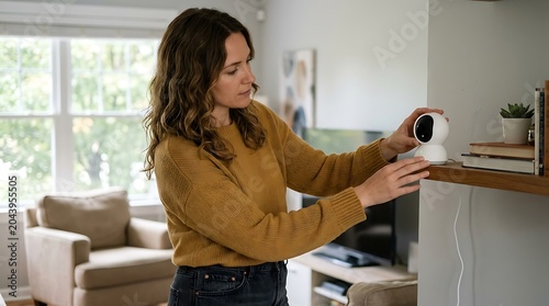 Woman setting up a home security camera on a shelf in a living room, showcasing smart home technology for safety and monitoring