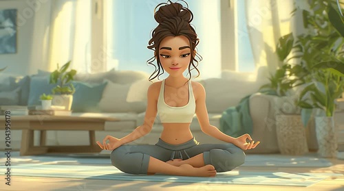 Young woman meditating in a sunlit living room, serene pose