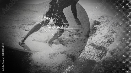 Black and white photo of professional surfer with grunge texture. A Man Surfing a Wave Background.