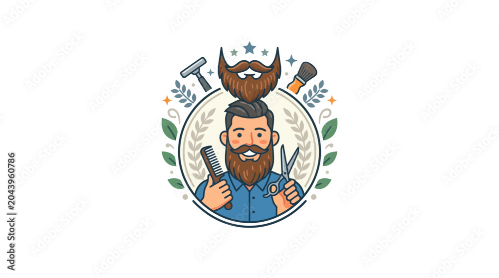 Fototapeta premium Barber Man with Beard, Scissors, Comb and Shaving Brush