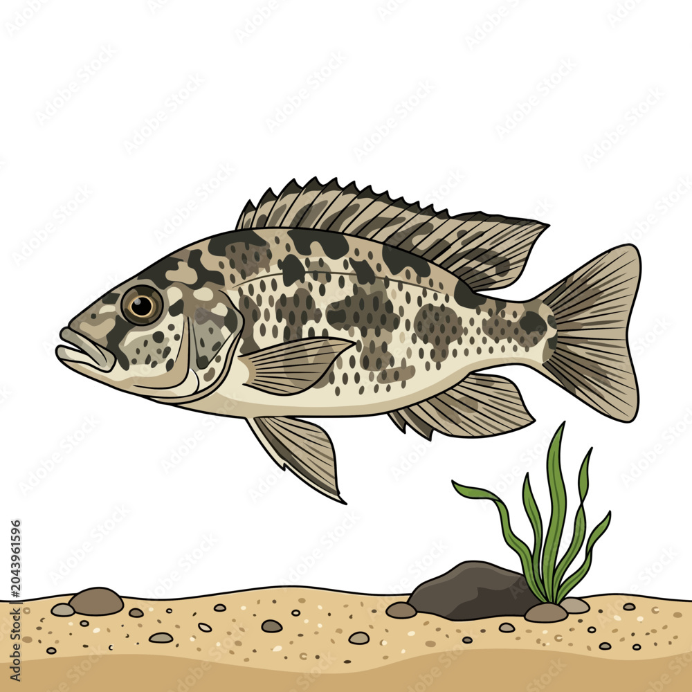 Fototapeta premium Spotted Freshwater Fish Illustration with Aquatic Plants and Sand