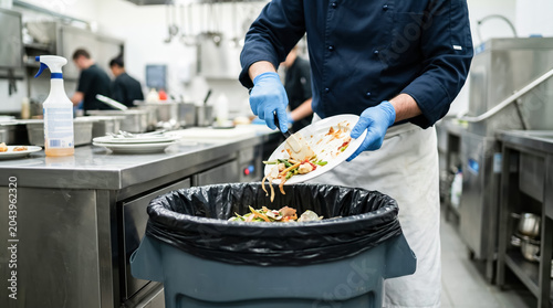 Chef scraping leftover food from plate into trash bin in commercial kitchen, restaurant food waste, hygiene, sustainability and kitchen management concept.