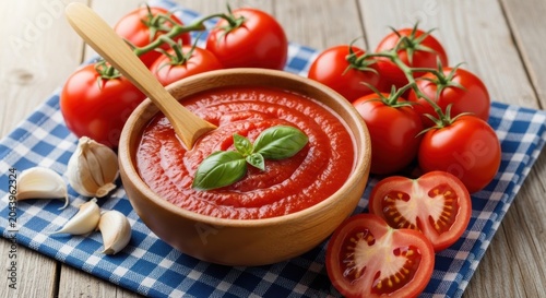 A wooden bowl brimming with rich tomato ketchup, garnished with fresh basil, surrounded by ripe tomatoes on a checkered cloth.