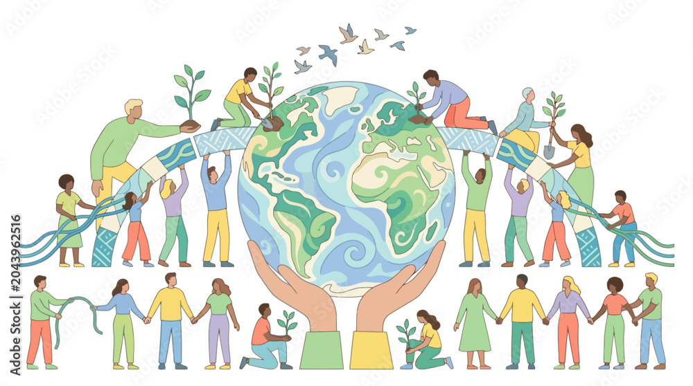 Fototapeta premium Diverse people working together to protect and save planet earth vector illustration. EPS Editable