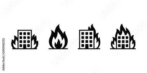 Photos Burning Building Icon Set Representing Fire Disaster Emergency Response and Urba