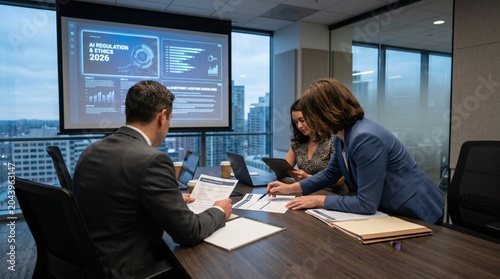 Corporate legal team discussing AI regulation and ethics guidelines in boardroom, reviewing algorithmic auditing documents and compliance reports for future policies.