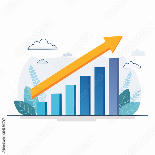Business finance growth infographic, flat vector style, upward arrow chart, investment concept, modern corporate design
