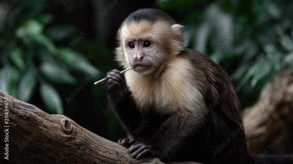 Fototapeta premium Captivating Capuchin Monkey Sitting and Eating on a Branch