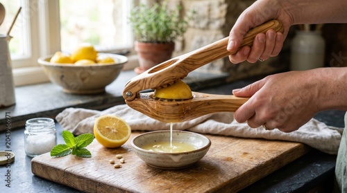 Realistic image of a natural wooden lemon squeezer with handle