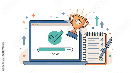 Laptop with completed task progress bar golden trophy and checklist notebook vector illustration representing success and productivity. EPS Editable