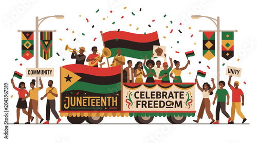 Juneteenth parade celebration illustration with people waving flags on a festive float. EPS Editable