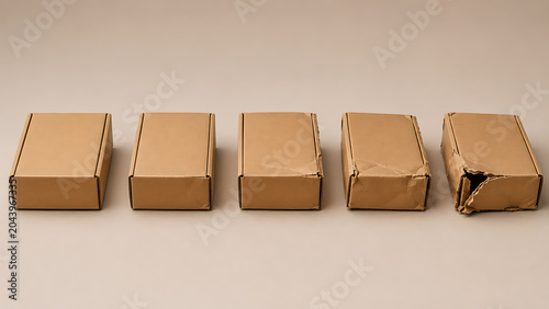 Five small cardboard shipping boxes showing progressive delivery package corner damage lifecycle on neutral background with cardboard shipping delivery lifecycle corrugated