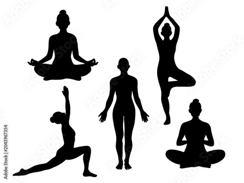 Silhouette of Women Practicing Various Yoga Poses in Black