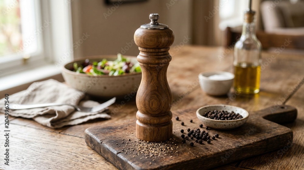 Fototapeta premium Photorealistic image of a natural wooden pepper mill grinder