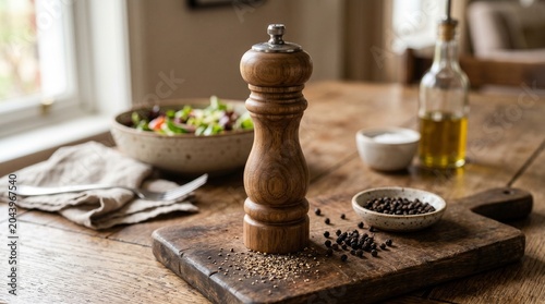Photorealistic image of a natural wooden pepper mill grinder