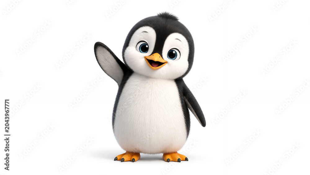 Fototapeta premium Cute 3D Cartoon Penguin Waving on White Background