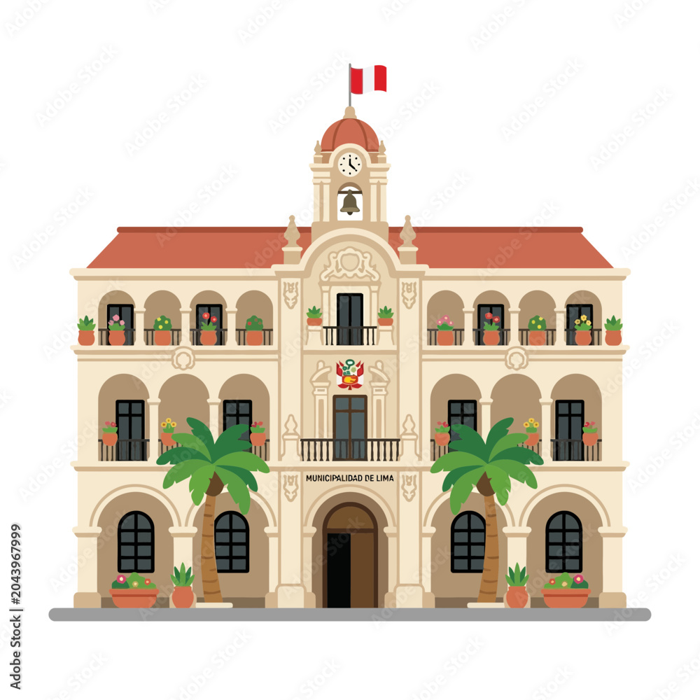 Fototapeta premium Peruvian Municipal Building with Palms and Flag