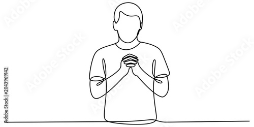 Canvastavla Young man standing with hands clasped together in a continuous single line drawi